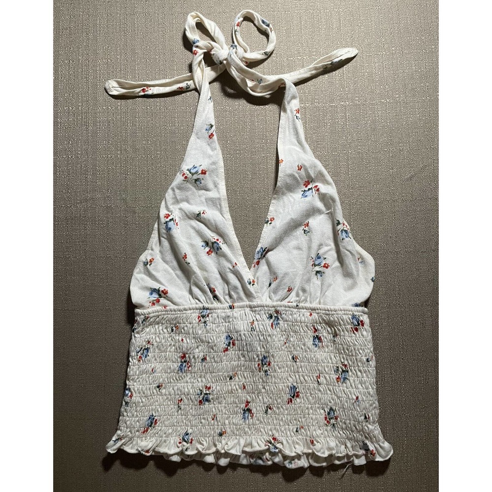 American Eagle Women’s Size XS Extra Small Cropped Top Yellow Floral Halter EUC